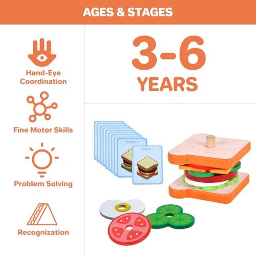Pajojoqa Wooden Sandwich Stacking Toys, Montessori Toys for Toddlers Kitchen Play Food Educational Preschool Learning Toys Christmas Birthday Gift Kids Toys for Boys Girls 3 4 5 Years Old (Sandwich) - Image 5