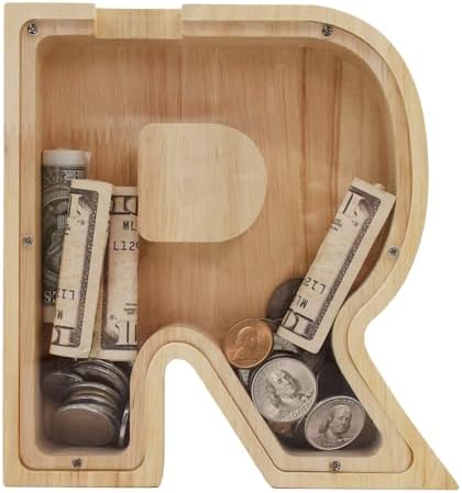 Wooden Letter Piggy Bank for Kids Boys Girls, A-Z Letters Wood Coin Bank Money Box, Piggy Bank for Toddler Family Christmas Birthday Gift(R) by FINDAMAZE