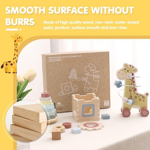 FReniland Montessori Toys for 1 Year Old，3-in-1 Wooden Baby Toys，Wooden Stacking Toy，Toddler Shape Sorting Cube, Giraffe Ring Toy,Newborn Baby Gift Sets for Boys and Girls - Image 4