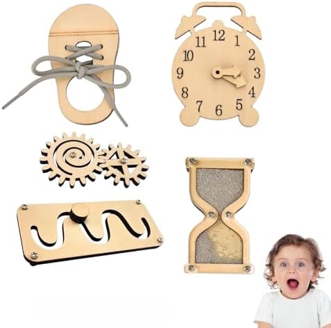 5 pieces Busy Board Diy Parts - DIY Materials for Parents - Sensory Board Accessories -Wooden Activity Parts -Maze-Learning Clock- Gear-Sand Clock-Learn to Tie Shoe Laces- Montessori Educational Items by Potatomato