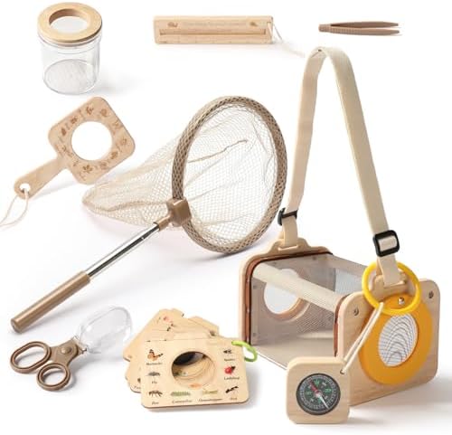 Wooden Bug Catcher Kit for Kids 3-8, 10PCS Durable Outdoor Explorer Kit with Magnifying Glass, Butterfly Net & STEM Guide, Catch & Release Adventure Set for Backyard & Camping by ibwaae