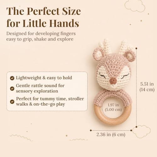 Néa Archí Crochet Baby Rattle, Organic Cotton & Beech Wood, Deer - Image 4