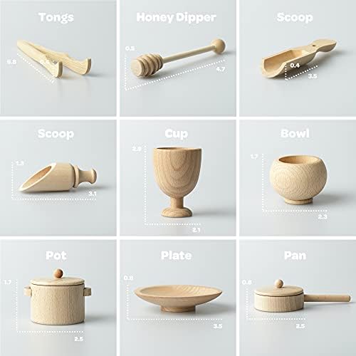 Blue Ginkgo Sensory Bin Tools – Montessori Fine Motor Skills Learning Set for Toddlers and Kids Pretend Play [9 PC] Kitchen Wooden Set with Scoops, Bamboo Tongs - Image 3