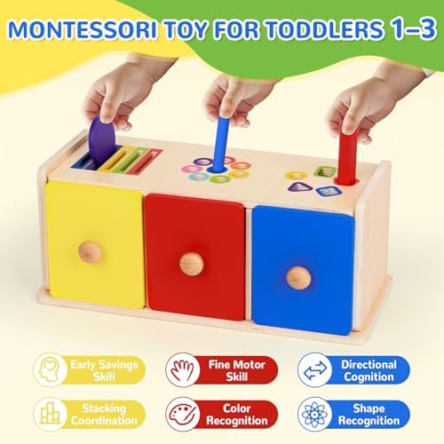 Wooden Montessori Toys for 1+ Year Old, Fine Motor Skills Sensory Preschool Learning Educational Toys, 3 in 1 Color Sorting Drawer Box Toddler Gifts for Boys & Girls 12-36 Months - Image 2