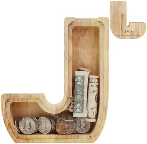 Wooden Letter Piggy Bank for Kids Boys Girls,Personalized Piggy Bank (Laser Engraving),A-Z Letters Coin Bank Money Box Customized Name, for Family Christmas Birthday Gift (J) by FINDAMAZE