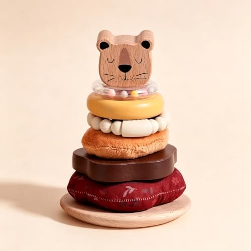 Baby Wooden Pole Stack Toy Cartoon Lion with Teether Rattle by Jessruly