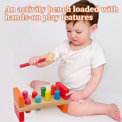 Hidoggy Wooden Hammer Toy for Toddlers 1-3, Montessori Pounding Bench Toy with 8 Pegs and Mallet for Hand-Eye Coordination, STEAM Toddler Toy - Image 3