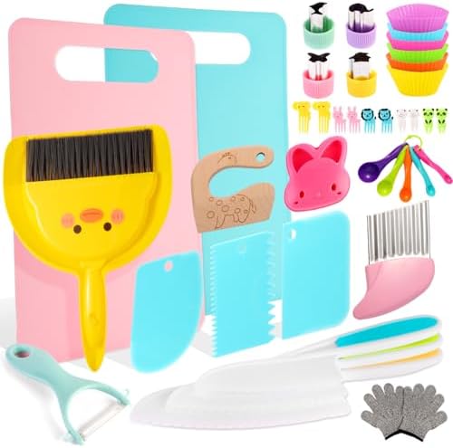 Kids Cooking and Toddler Knife Toys Set - 35Pcs Knifes for Real Cooking and Baking Accessories , Toddlers Kitchen Tools Ages 3-10 Kids Birthday Gift by ASSBABY