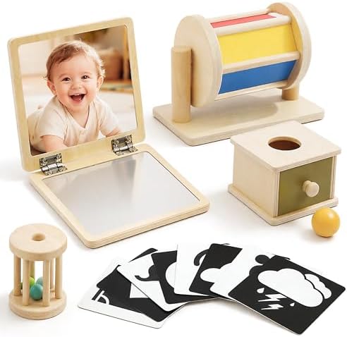 Montessori Toys for Babies 0-6 6-12 Months, Sensory Developmental Baby Toys, Tummy Time Toy - 5 in 1 Wooden Learning Toy Set, High Contrast Cards, Mirror & Spinning Drum for Newborn Infant Gift by Unknown