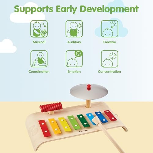 PlanToys® Musical Set Wooden Montessori Drum, Cymbal & Xylophone Kids Toy - Image 3