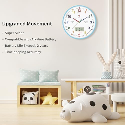 Foxtop Digital and Analog Learning Clock for Kids - Telling Time Teaching Clock 12 Inch Silent Non-Ticking Battery Operated Kids Wall Clock for Kids Room Playroom Nursery Classroom School (Blue) - Image 4