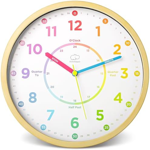 LittleHippo Learning Clock for Kids for Teaching to Tell Time - Kid's Analog, Silent, Non-Ticking Wall Clock for Bedrooms, Nursery, Playroom, School Classroom, Study to Learn to Tell Time by LittleHippo