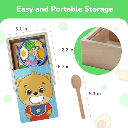 Bimi Boo Wooden Feeding Toy - Montessori Scooping & Fine Motor Toy for Toddlers 1-4 | Speech Therapy & Occupational Therapy Pretend Play Food Set | 27 Foods, Spoon & Bowl - Image 5