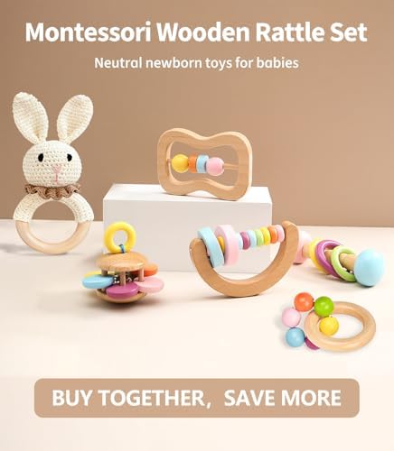 6 PCS Wooden Baby Rattle, Organic Colorful Baby Hand Rattles Set, Wood Rattles for Babies 0-6-12 Months, Wooden Teether Crochet Rattle Toy for Newborn Infant, Montessori Toys for Babies 0-6 Months - Image 2