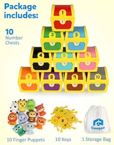 Coogam Fine Motor Skill Toys for Toddlers, 10pcs Surprise Animals Finger Puppets Treasure with Number Locks, Matching Color Sorting Pirate Hunt Game, Learning Montessori Gift for 3 4 5 Year Old - Image 6