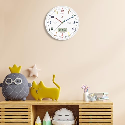 Foxtop Digital and Analog Learning Clock for Kids - Telling Time Teaching Clock 12 Inch Silent Non-Ticking Battery Operated Kids Wall Clock for Kids Room Playroom Nursery Classroom School (White) - Image 5