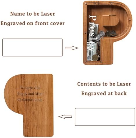 Personalized Large Wooden Kids Letter Piggy Bank - (Laser Engraved) Custom Piggy Bank for Boys Girls - Wooden Banks with Initials - Alphabet Money Box Bank Birthday Letter P Bank - Image 2
