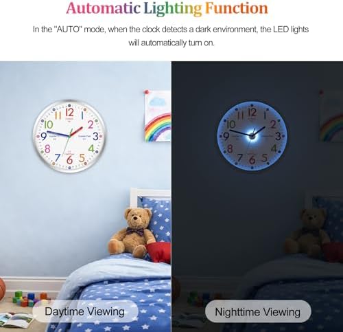 JoFomp Telling Time Teaching Clock, 10 Inch Illuminated Wall Clock for Kids Bedroom, LED Wall Clock Battery Operated, Silent Learning Clock for Kids, Teachers & Classroom, Light Sensor - Auto Lighting - Image 3