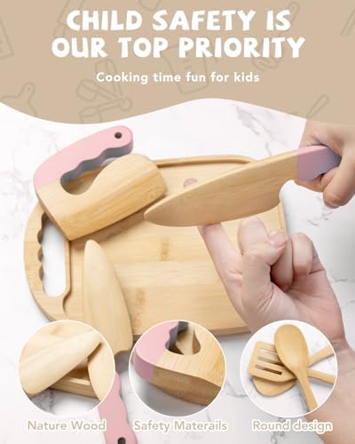 Wooden Kids Cooking Set Montessori Kit - Real Toddler Kitchen Tools & Baking Utensils - 30PCS Cooking Kit for Kids with Storage Bag, Great Gift for Pretend Play & Montessori Learning (Pink) - Image 4