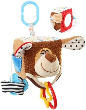 Baby Car Seat Toys Hanging-Carseat Dog Cube Toy, Infant Sensory Toys for 6 7 8 9 10 11 12 Months, Travel Activity with Rattle, Montessori Plush Newborn Girl Boy Gifts by Unknown