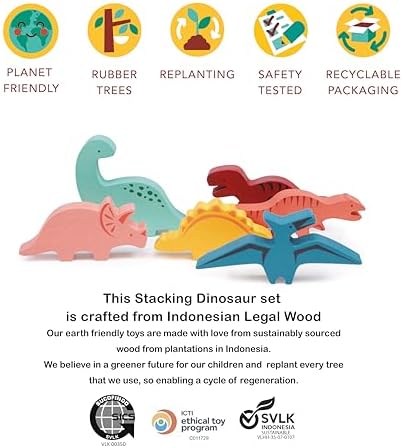 Mentari Toys - Happy Stacking Dinosaurs - 6pc Wooden Stacking Toy for Toddlers - Colorful Dinosaur Balancing Activity Toy with Bag - Boost Fine Motor Skills and Dexterity - Age 18m+ - Image 6
