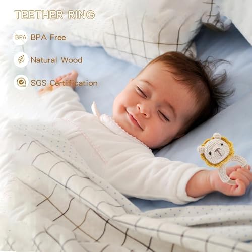 Wooden Baby Rattle Crochet Lion Baby Toys Handmade Newborn Toy Early Development Grips Stuffed Animal Organic Rattle - Image 5