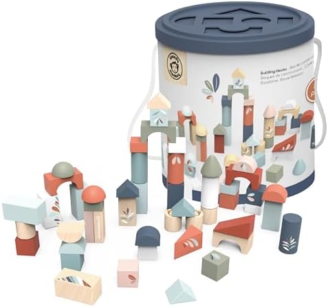 SPEEDY MONKEY Wooden Building Blocks | 50 Pcs with Storage Bucket Playset by SpeedyMonkey