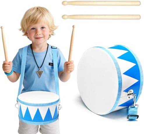 Kids Drum Set,8" Wooden Drum Toys with Adjustable Strap and 2 Drumsticks,Sensory Musical Instrument for Toddler Boys & Girls,Party Gift(Blue) by Xanllaxa