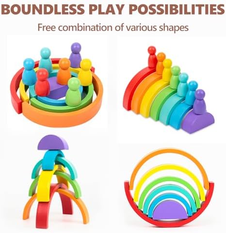 Wooden Rainbow Stacking Toy, Wood Peg Dolls Stacker Arch Game, Montessori Arch Bridge Rainbow Building Blocks, Colorful Stacking Blocks Puzzles for Kids 2 3 4 5 Years Old, Rainbow Decor Toys - Image 4