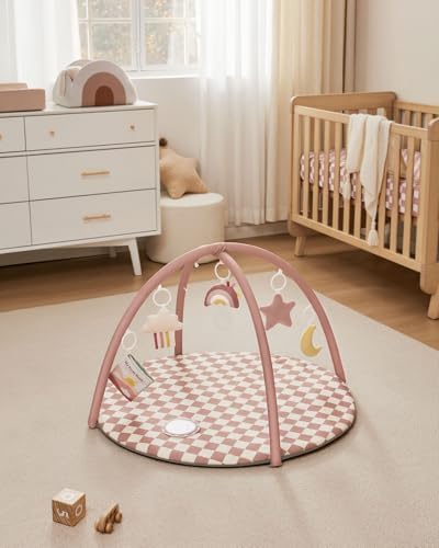 Blissful Diary Baby Play Gym Mat, Play Mat Activity Mat with 6 Detachable Toys for Stage-Based Sensory & Motor Skill Development, Easy to Install & Clean, Baby Essentials Gift, Blush Checkered - Image 2