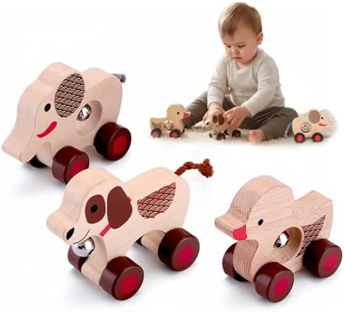 Wooden Animal Rattle with Bell - Baby Toys 6-12 Months & Toddler Toys 1-3 Years | Montessori Sensory Shakers, Nursery Decor Gift Set (Dog, Duck, Elephant) by UDEAS