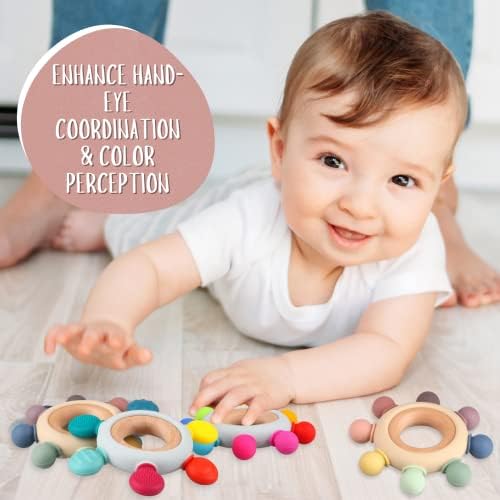 Baby Teething Toys, Silicone Chewable Teethers with Wooden Ring for Soothing Babies Gums, Rudder Chewers Shower Gift for lnfants & Toddlers, 3+ Months (8 Directions, Gray) - Image 4