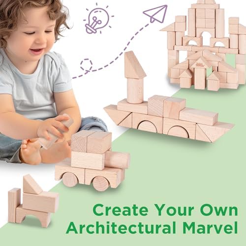 iPlay, iLearn Kid Wooden Building Block Toy Set, Toddler Natural Wood Block - Image 3