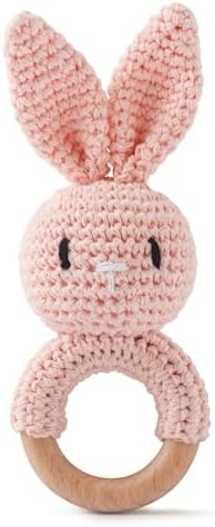 Baby Crochet Rattle Toy - Hand-Knitted Animal Bunny Teether with Soft Bell, Montessori Sensory Toy for Infants 0-36 Months, Natural Wood Teething Ring, Ideal Newborn Keepsake Gift by Unknown