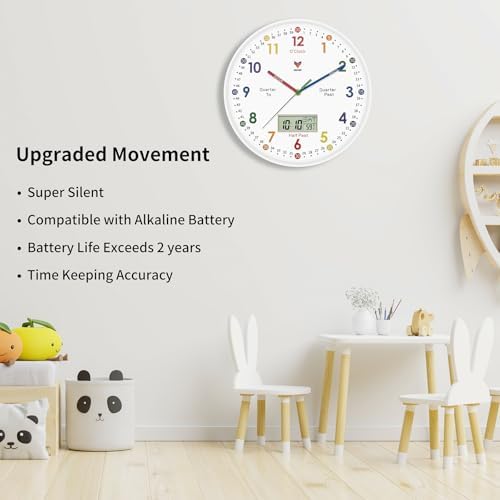 Foxtop Digital and Analog Learning Clock for Kids - Telling Time Teaching Clock 12 Inch Silent Non-Ticking Battery Operated Kids Wall Clock for Kids Room Playroom Nursery Classroom School (White) - Image 4