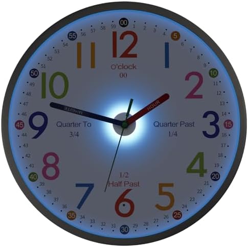 JoFomp Telling Time Teaching Clock, 8 Inch Illuminated Wall Clock for Kids Bedroom, LED Wall Clocks Battery Operated, Silent Learning Clock for Kids, Teachers & Classroom, Light Sensor - Auto Lighting by JoFomp