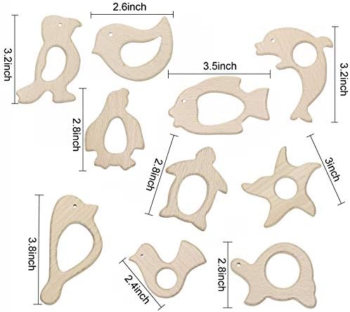 Penta Angel 10Pcs Wood Teething Rings Pain Relief Natural Wood Teething Toys Wooden Teether Animals for Infant Toddler, Turtles Swallows Dolphins Starfish Pigeons Birds Woodpeckers Fish Turtle - Image 2