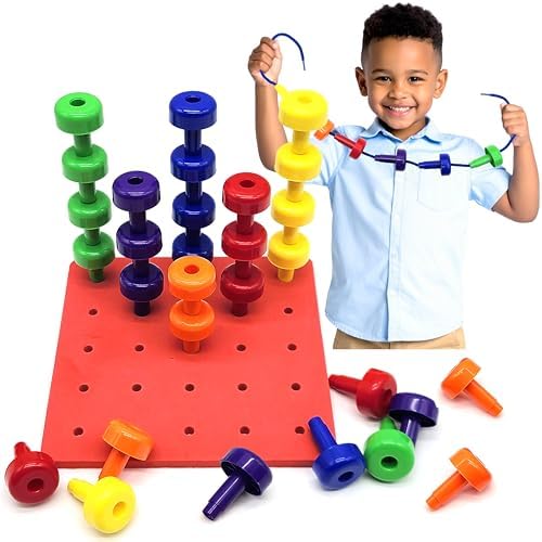 Blu Jay Foam Peg Board Toy - 36 Pegs, Foam Board, Lacing String, Storage Bag - Occupational Therapy Toys - Fine Motor Skills Toys for Toddlers and Kids (Coral Red) by BluJay