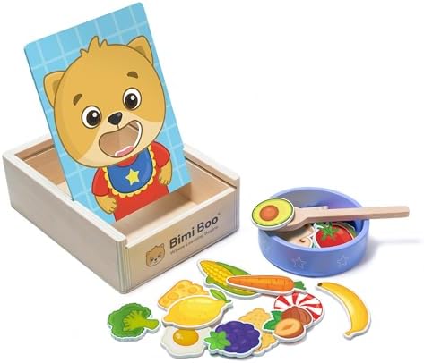 Bimi Boo Wooden Feeding Toy - Montessori Scooping & Fine Motor Toy for Toddlers 1-4 | Speech Therapy & Occupational Therapy Pretend Play Food Set | 27 Foods, Spoon & Bowl by BimiBoo