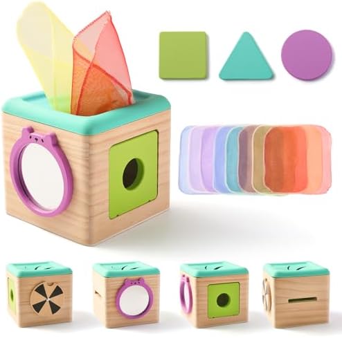 Youuys Wooden Baby Tissue Box Toy - Montessori Tissue Box Toy for Babies 12 Months with 3 Shape Blocks & 8 Silk Paper, Baby Boy Girl Gifts for Babies 12 18 Months Old Birthday Children Day by YOUUYS