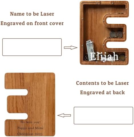 Personalized Large Wooden Kids Letter Piggy Bank - (Laser Engraved) Custom Piggy Bank for Boys Girls - Wooden Banks with Initials - Alphabet Money Box Bank Birthday Letter E Bank - Image 2