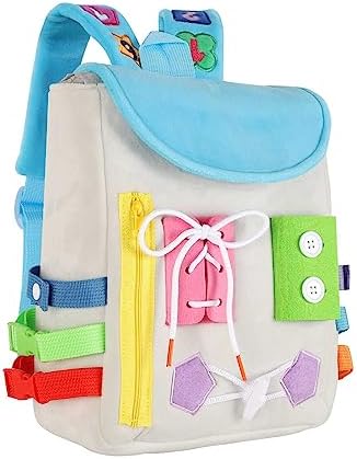 Busy Board - Toddler Backpack with Buckles and Learning Activity Toys - Develop Fine Motor Skills and Basic Life Skills - Learn to Tie Shoes - Children's Travel Toy (Grey) by WHITE+DOLPHIN+TOYS