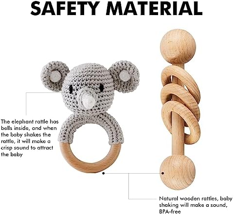 Crochet Elephant and Wooden Animal Rattle Set for Newborns, Baby Wooden Rattle Toy 2PCS - Image 2
