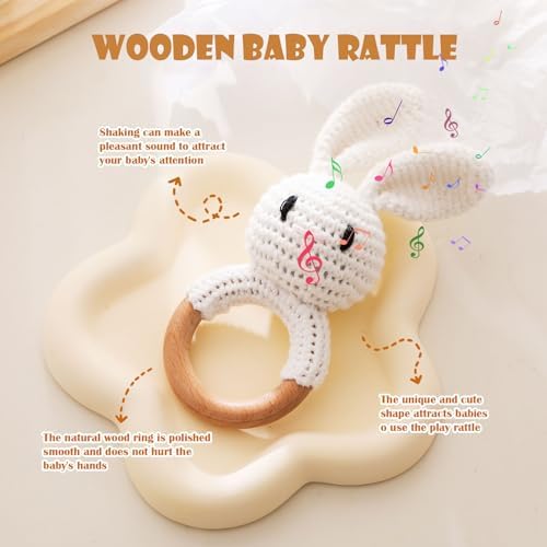 Wooden Baby Rattle，Crochet Bunny Rattle with Wood Ring, Newborn Wooden Animal Rattle Toy，Infant White Bunny Wood Rattle Toys - Image 2