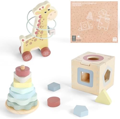 FReniland Montessori Toys for 1 Year Old，3-in-1 Wooden Baby Toys，Wooden Stacking Toy，Toddler Shape Sorting Cube, Giraffe Ring Toy,Newborn Baby Gift Sets for Boys and Girls by Freniland