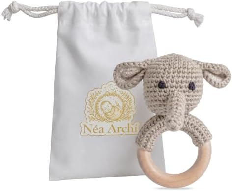 Néa Archí Crochet Baby Rattle, Organic Cotton & Beech Wood, Elephant by Unknown