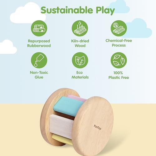 PlanToys® Pastel Wooden Roller Toy for Babies 6+ Months Sensory Rattle Gift - Image 3