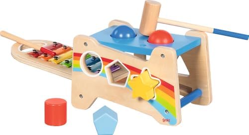 goki 58304 Hammer Bench with Xylophone and Sorting Function, 12-Piece Wooden Motor Skills Toy with Removable Wind Chime - 3-in-1 Knock Bench, Sorting Box, Xylophone - Image 4