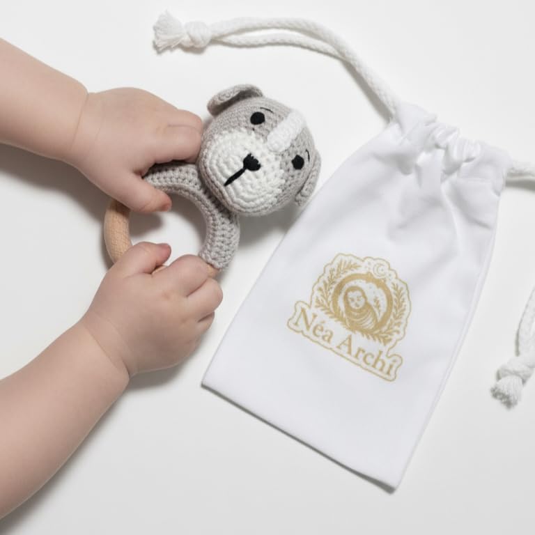 Néa Archí Crochet Baby Rattle, Organic Cotton & Beech Wood, Dog - Image 3