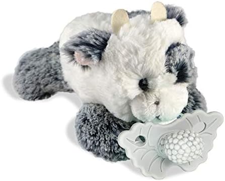 RaZbaby Cow RaZbuddy w/RaZberry Teething Relief Pacifier – Soothes Sore Gums w/Nature-Inspired Texture, 100% BPA-Free Silicone Teether, Detachable Stuffed Animal – 3 Months+ Teether, Grey by RaZbaby